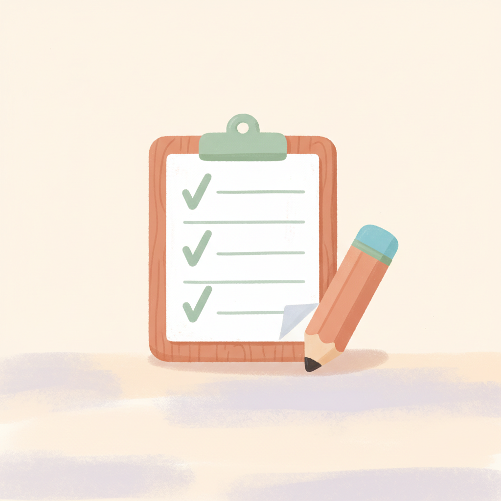 Una lavagnetta di legno con una piccola checklist e tre segni di spunta verdi