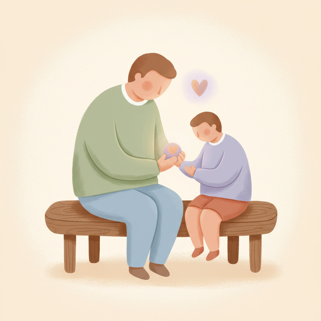 Due figure ritagliate, un genitore e un bambino, sedute insieme con un piccolo cuore tra loro