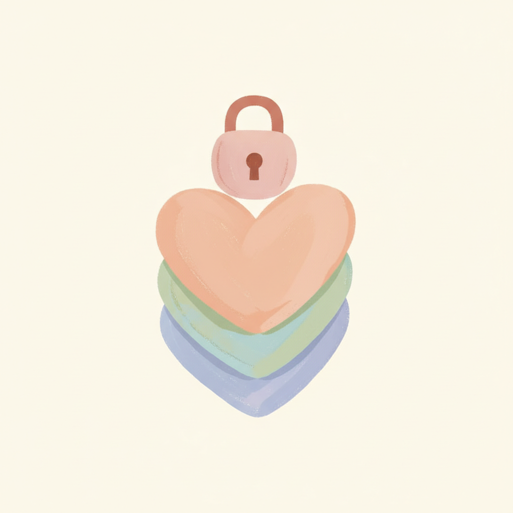 Un piccolo lucchetto rosa appoggiato su una pila di cuori di carta