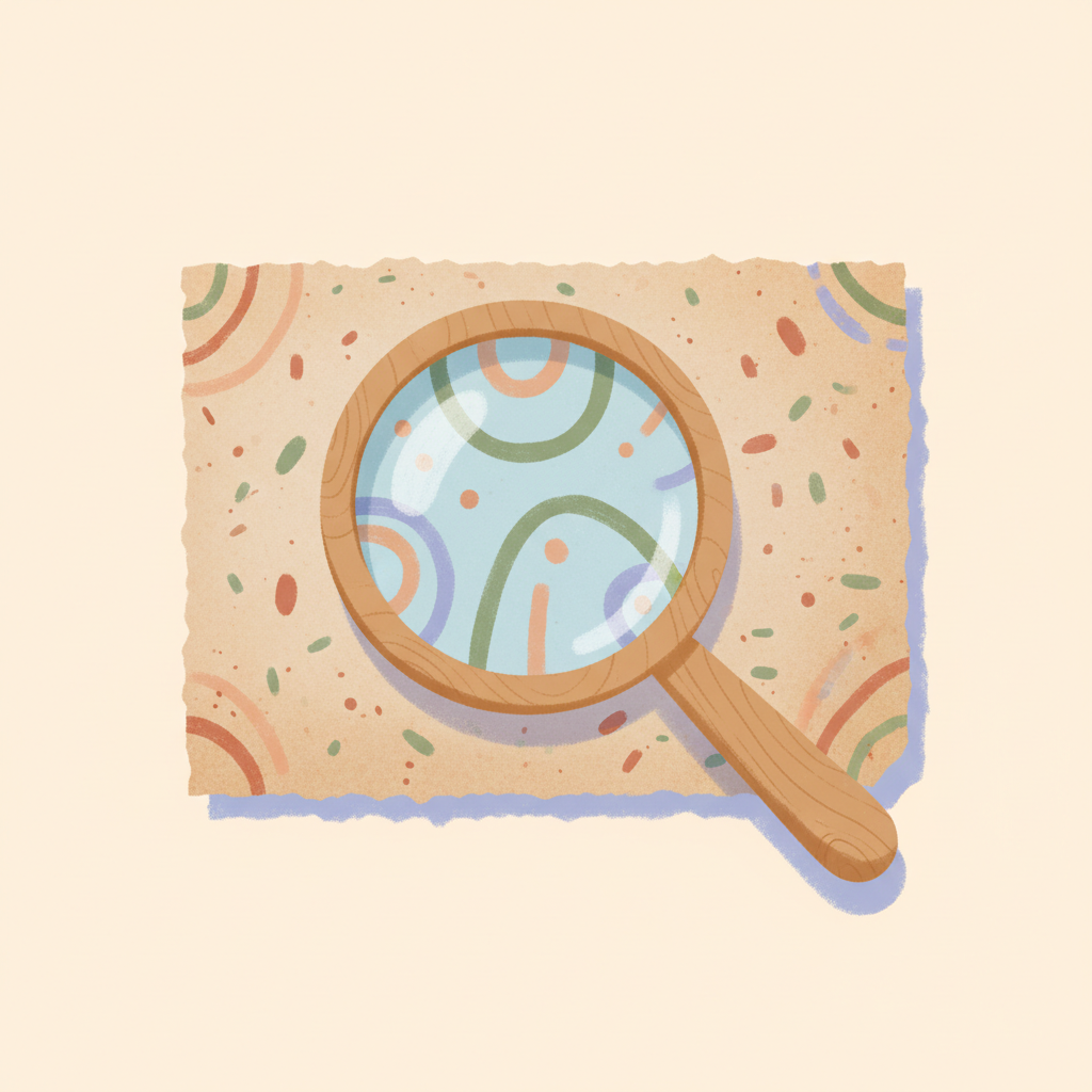 Una lente d'ingrandimento appoggiata su un foglio con piccoli simboli