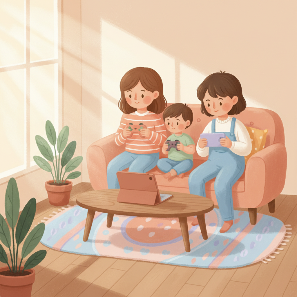Una famiglia condivide un tablet sul divano in un salotto caldo