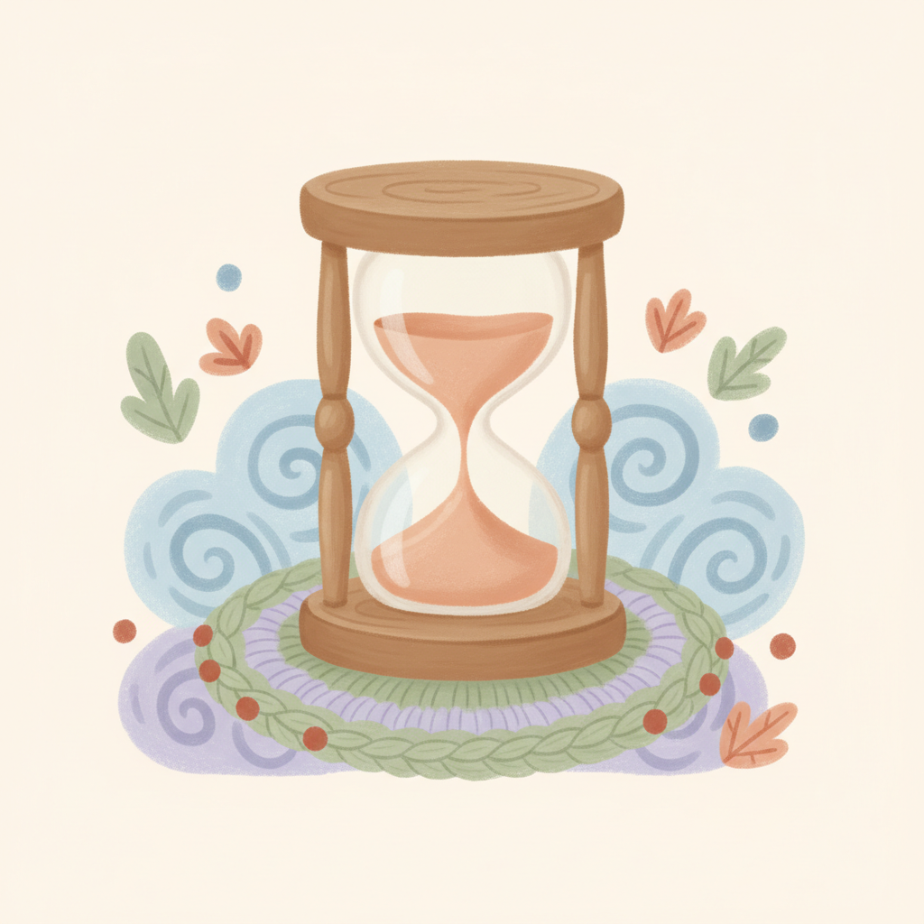 Una clessidra di legno appoggiata su un piccolo tappetino di lana